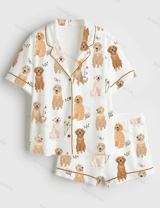 Golden Retriever Cottagecore Short Sleeve Satin Pajama Set