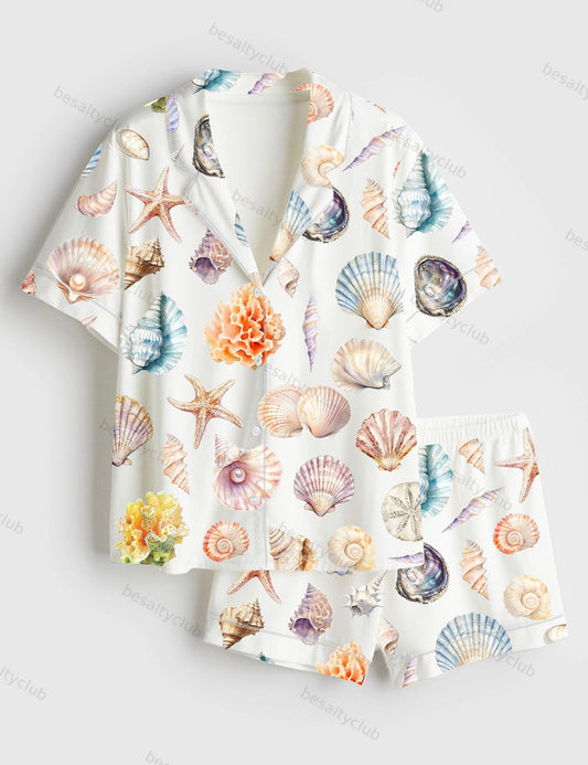 Ocean Sea Shell Beach Wedding Coastal Summer Beach Print Short Sleeve Satin Pajama Set