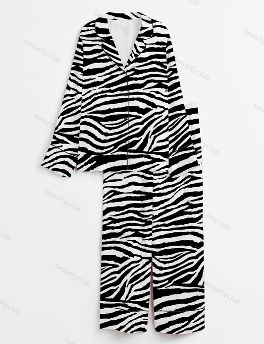 Zebra Print Long Sleeve Satin Pajama Set