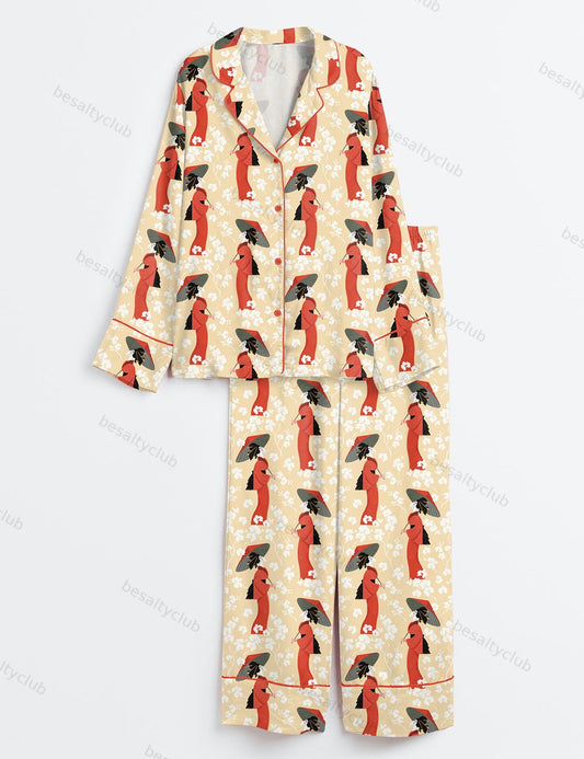 Tokyo Sights Japanese Kimonos And Traditional Umbrellas Long Sleeve Satin Pajama Set