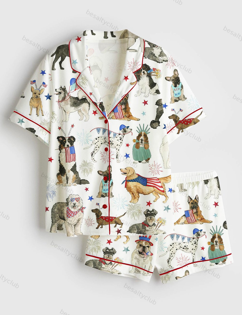 The 4th Of July Independence Day American Dogs USA Flag Short Sleeve Satin Pajama Set