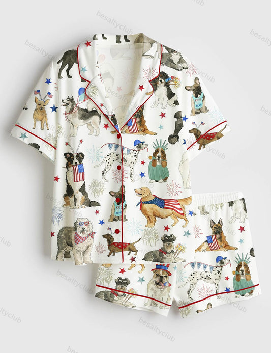 The 4th Of July Independence Day American Dogs USA Flag Short Sleeve Satin Pajama Set