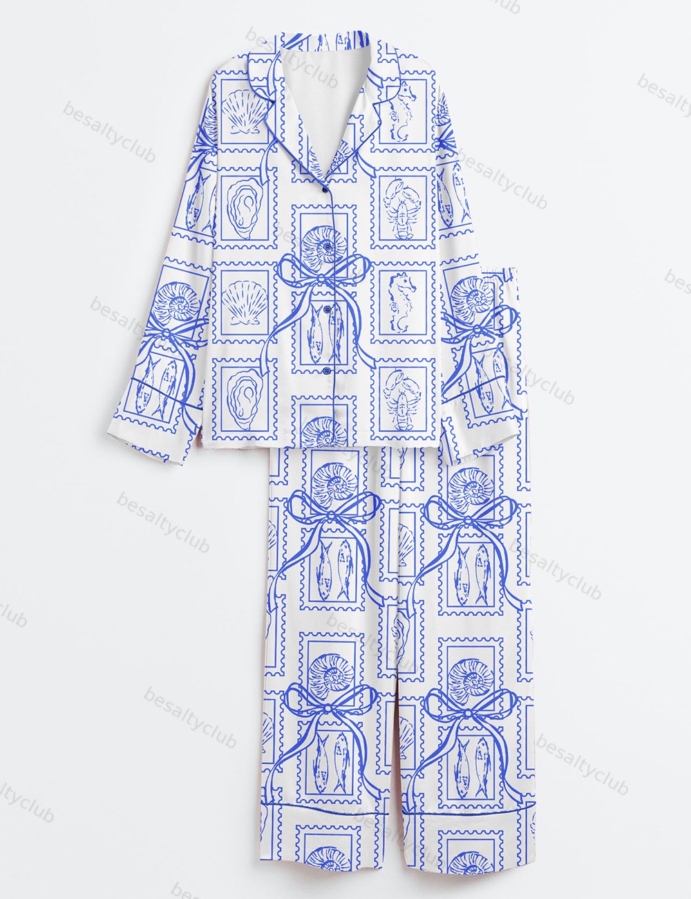 Summer Oyster Coastal Trendy Summer Beach Aesthetic Summer Print Long Sleeve Satin Pajama Set