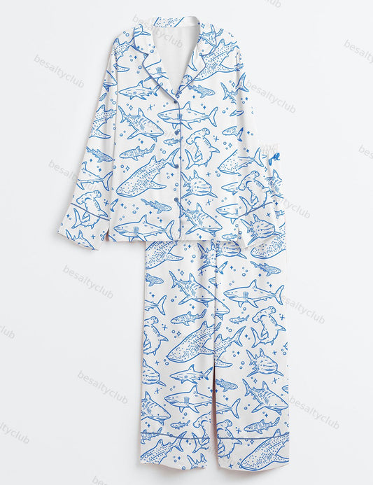 Shark Respect The Locals Hand Drawn Shark Summer Beach Travel Print Long Sleeve Satin Pajama Set