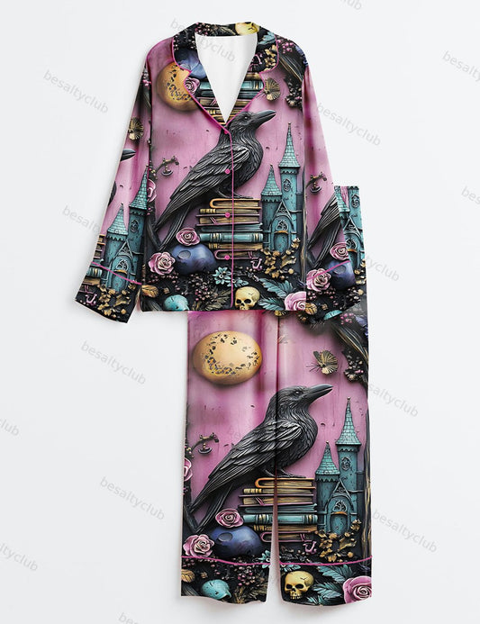 Gothic Purple Bookshelf Dark Academia Witch Skull Floral Book Lover Long Sleeve Satin Pajama Set