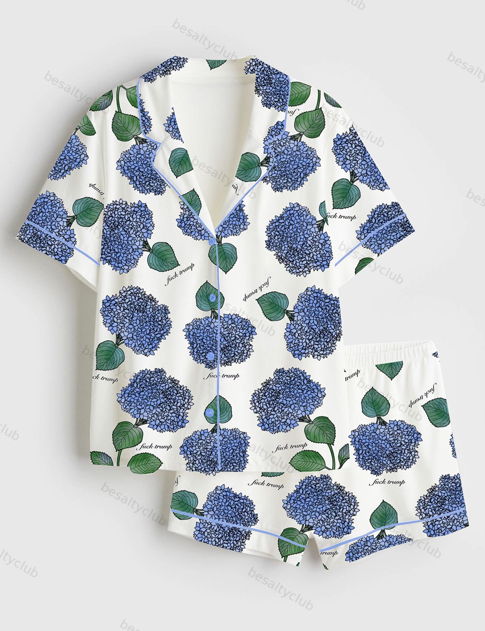 Hydrangea Floral Blue Flower Political Gag Gift Short Sleeve Satin Pajama Set