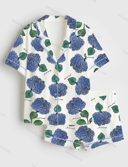 Hydrangea Floral Blue Flower Political Gag Gift Short Sleeve Satin Pajama Set