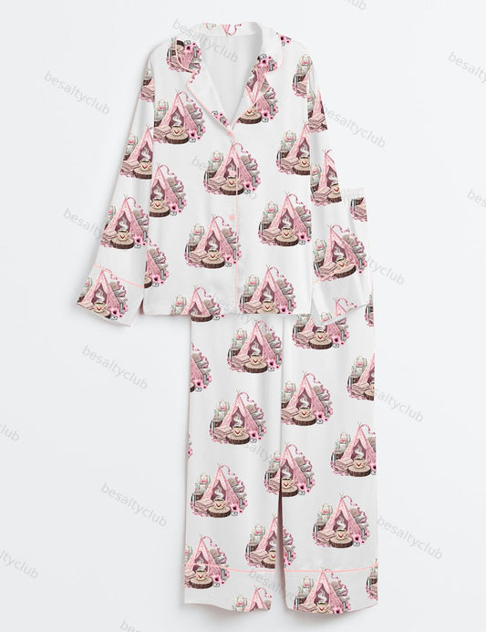 Girl Camping Tent Campfire Coffee Camping Outdoors Camper Print Long Sleeve Satin Pajama Set