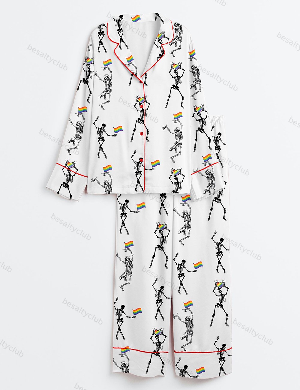 Skeleton Pride Rainbow LGBTQ Funny Gay Pride Print Long Sleeve Satin Pajama Set