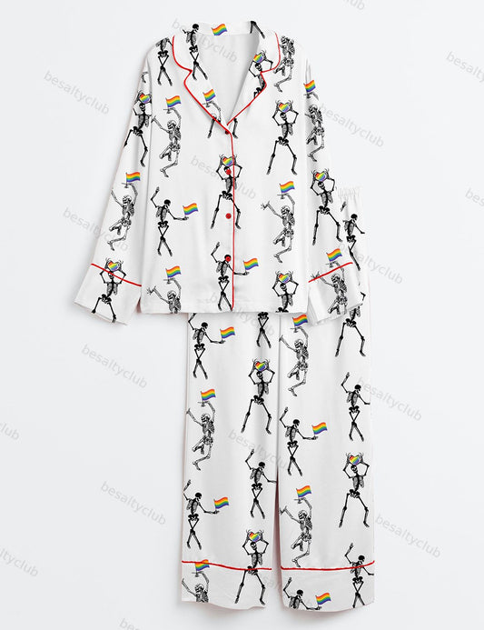 Skeleton Pride Rainbow LGBTQ Funny Gay Pride Print Long Sleeve Satin Pajama Set