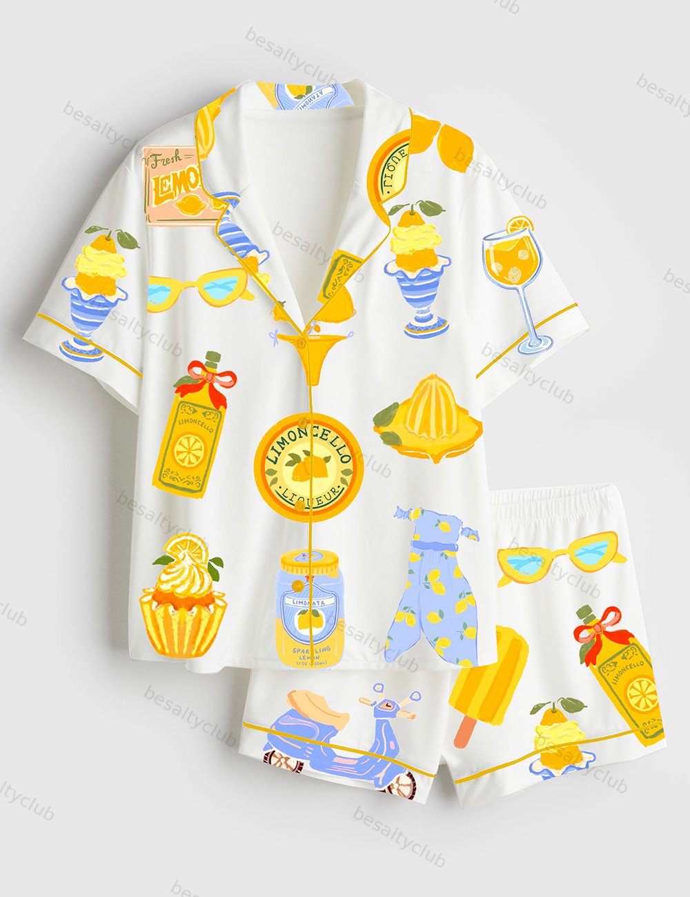 Lemon Print Summer Travel Art Short Sleeve Satin Pajama Set