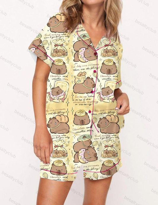 Cute Cartoon Bear With Dessert Satin Pajama Short Set