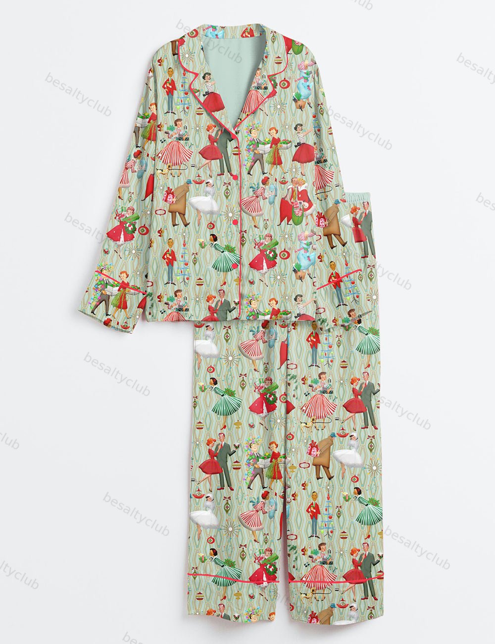 1950s Retro Vintage Christmas Satin Pajama Set