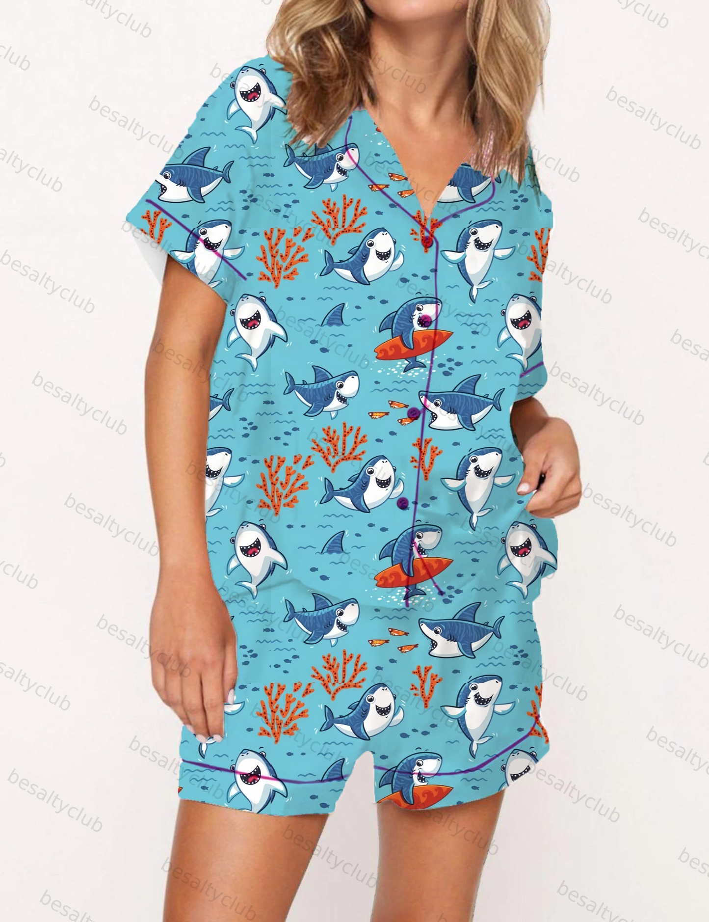 Playful Sharks Print Satin Pajama Short Set