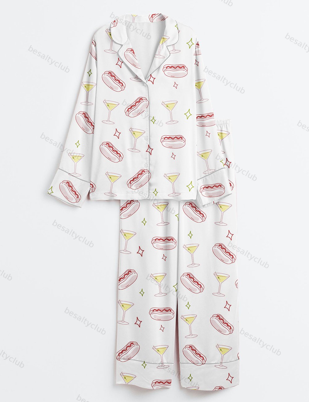 Weenies And Tinis Bachelorette Hot Dogs And Martinis Print Long Sleeve Satin Pajama Set