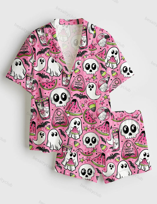 Spooky Watermelon Summer Ghost Skellie Skeleton Bat Drink Spooky Halloween Print Short Sleeve Satin Pajama Set