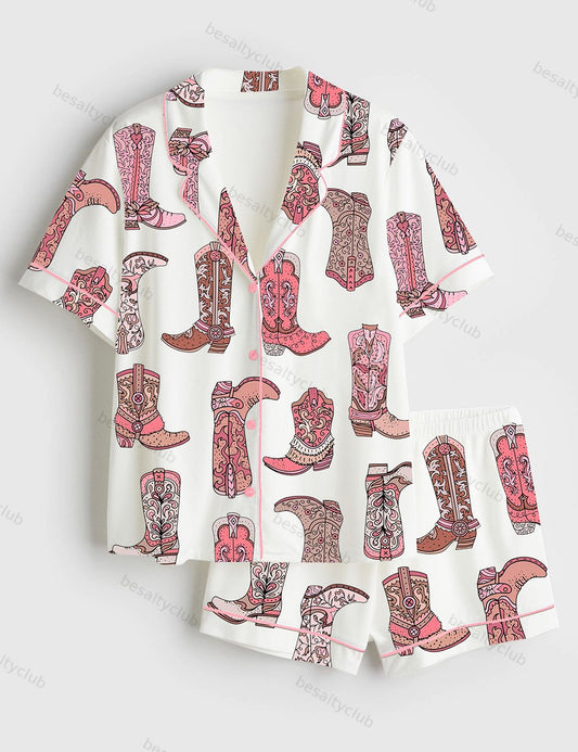 Cowgirl Pink Boots Western Short Sleeve Satin Pajama Set