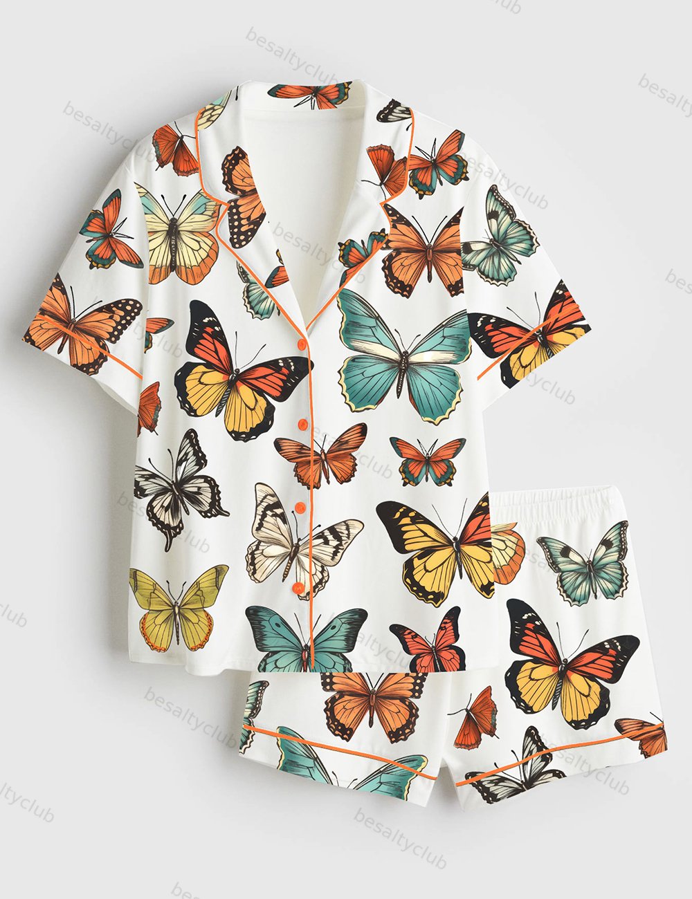 Colorful Spring Butterflies Short Sleeve Satin Pajama Set