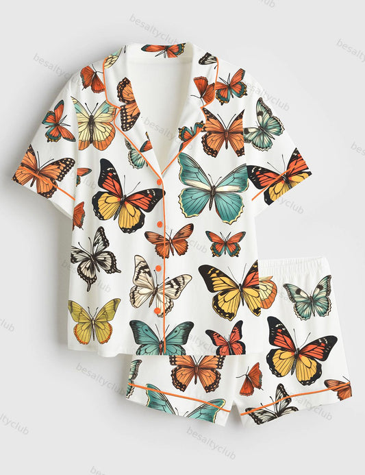 Colorful Spring Butterflies Short Sleeve Satin Pajama Set