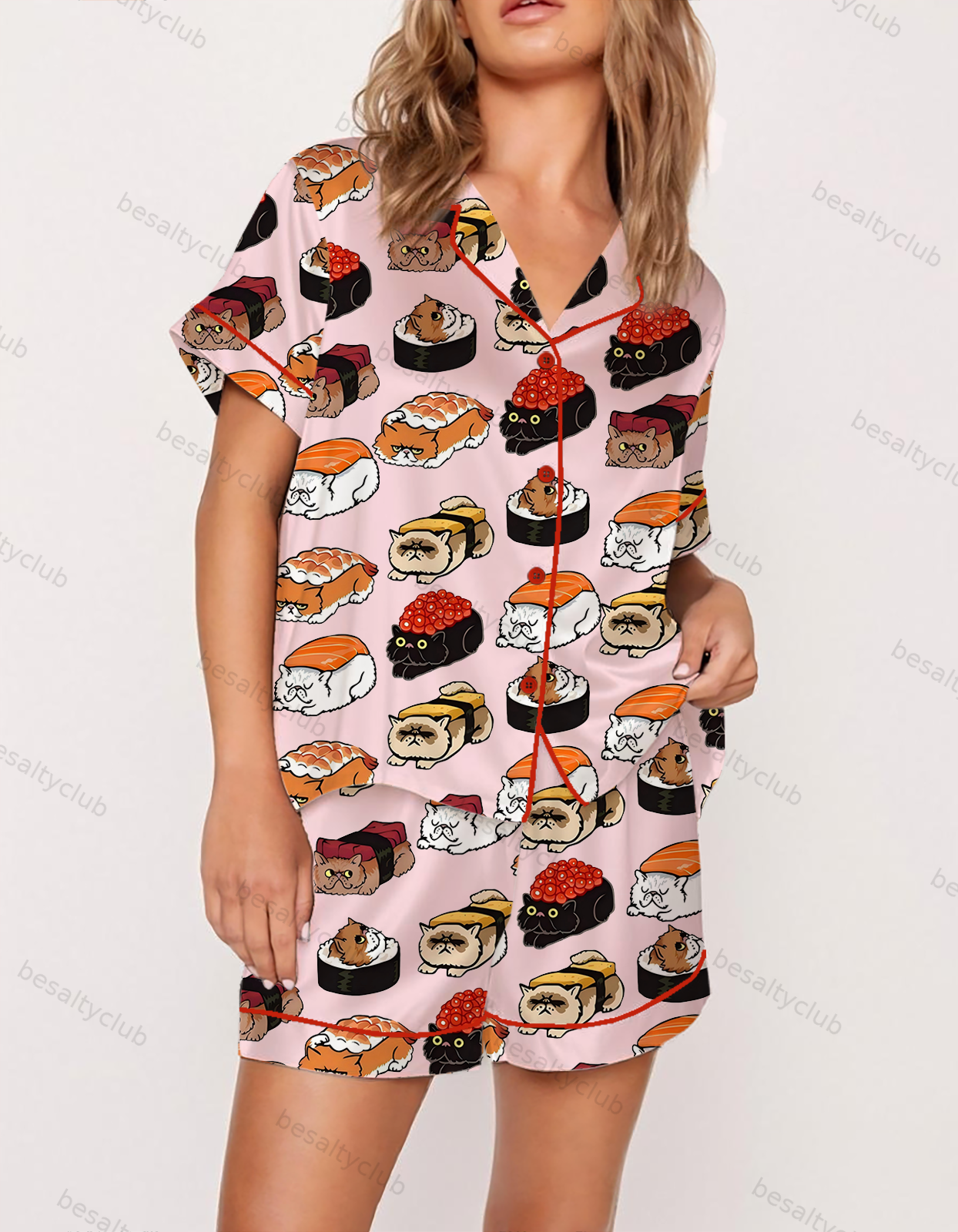 Whimsical Cat Sushi Satin Pajama Set