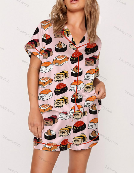 Whimsical Cat Sushi Satin Pajama Set