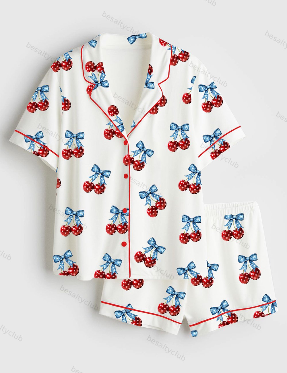 America Cherries Cherry Bow 4th Of July Short Sleeve Satin Pajama Set