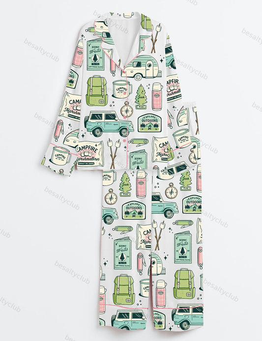 Outdoorsy Camping Supplies Long Sleeve Satin Pajama Set