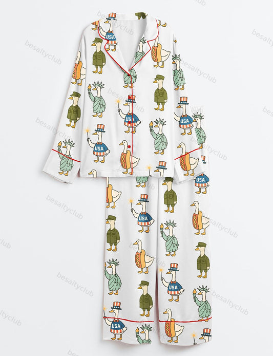 Patriotic Goose 4th Of July Silly Goose USA Independence Day Print Long Sleeve Satin Pajama Set