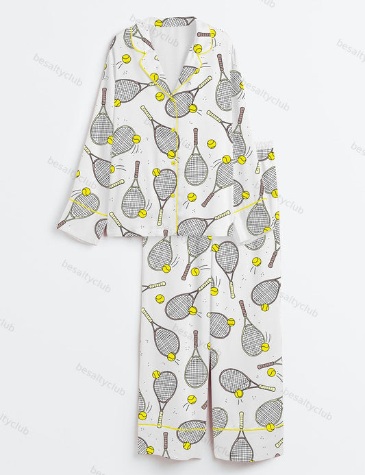 Tennis And Tennis Ball Racket Long Sleeve Satin Pajama Set