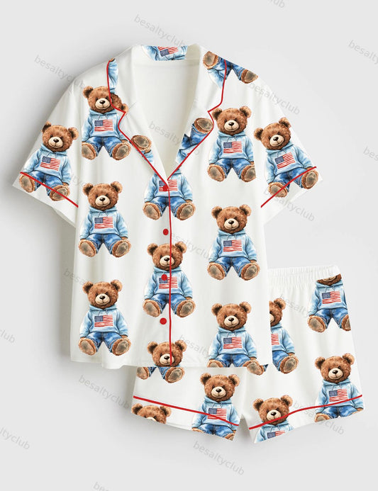 4th Of July Watercolor Bear Short Sleeve Satin Pajama Set