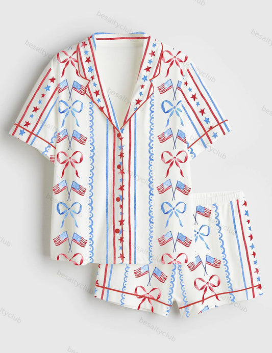 Red White And Blue Bow And Flag 4th Of July Short Sleeve Satin Pajama Set