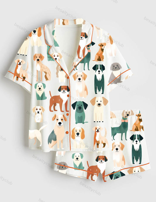 Cute Dog Clipart Short Sleeve Satin Pajama Set
