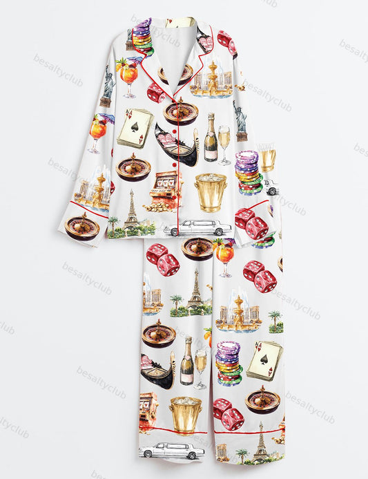 Las Vegas Clipart Vacation Travel Long Sleeve Satin Pajama Set