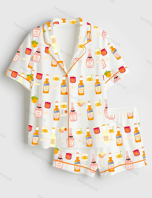 Aperol Spritz Themed Party Short Sleeve Satin Pajama Set