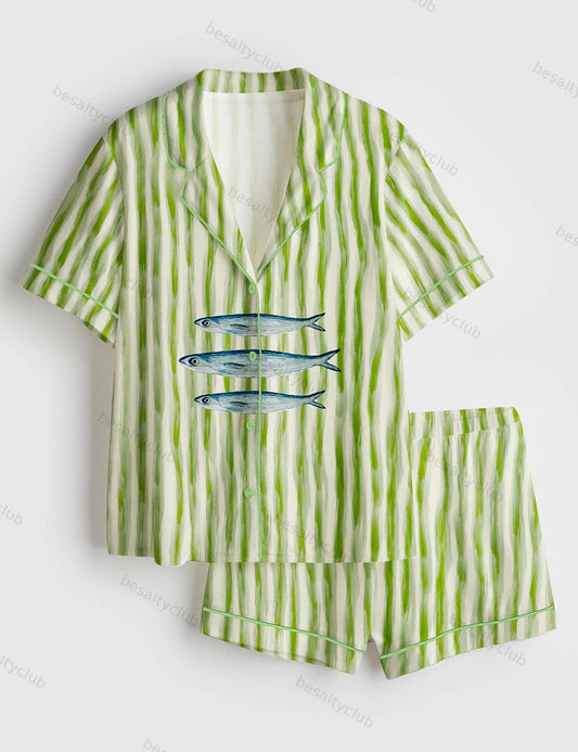 Trendy Aesthetic Sardines Fish Summer Beach Sardines Green Stripe Print Short Sleeve Satin Pajama Set