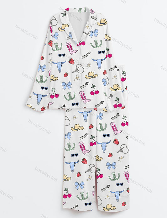 Wild West Sassy Cowgirl Boots Coquette Cowgirl Western Country Music Long Sleeve Satin Pajama Set