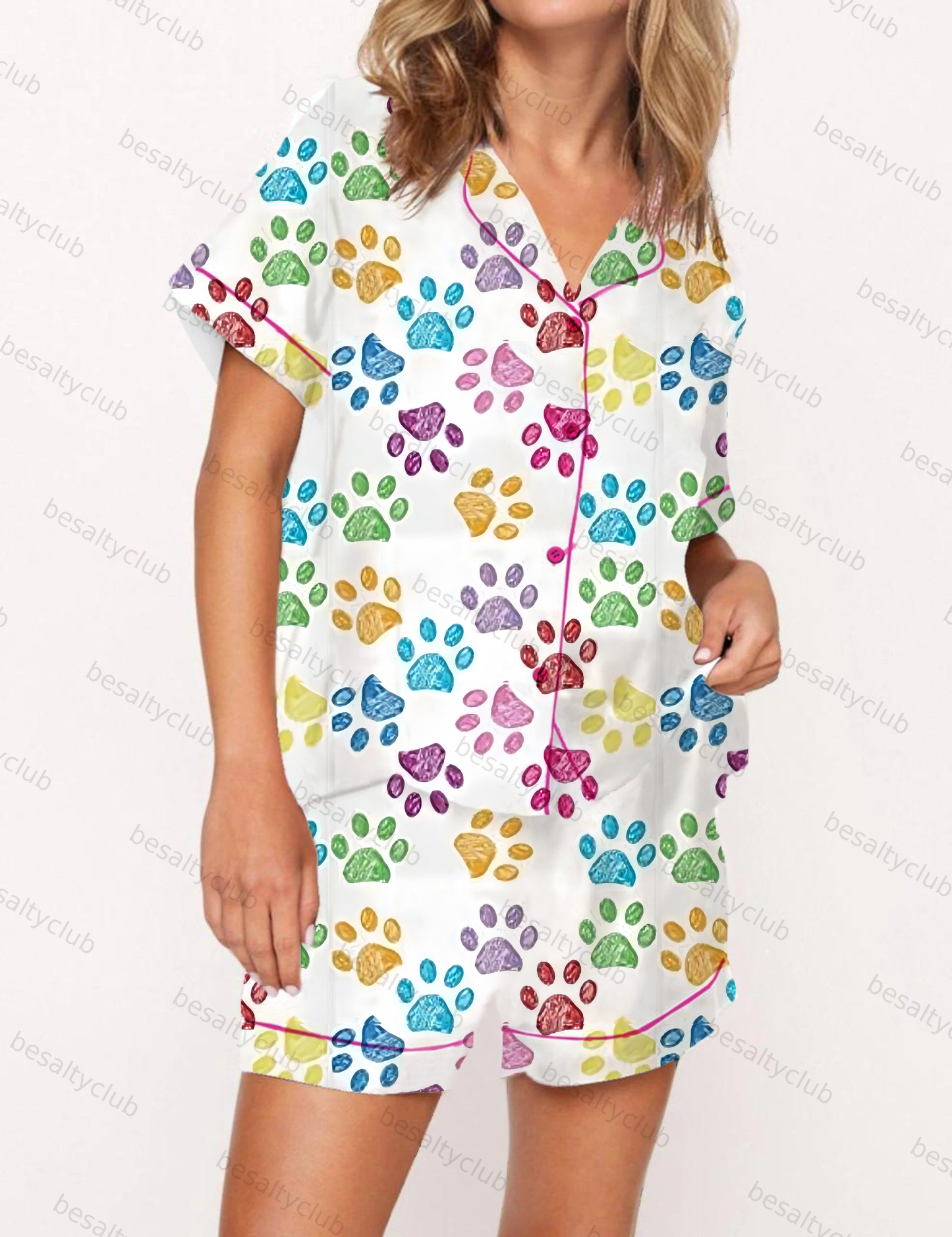 Colorful Dog Paw Print Satin Pajama Short Set