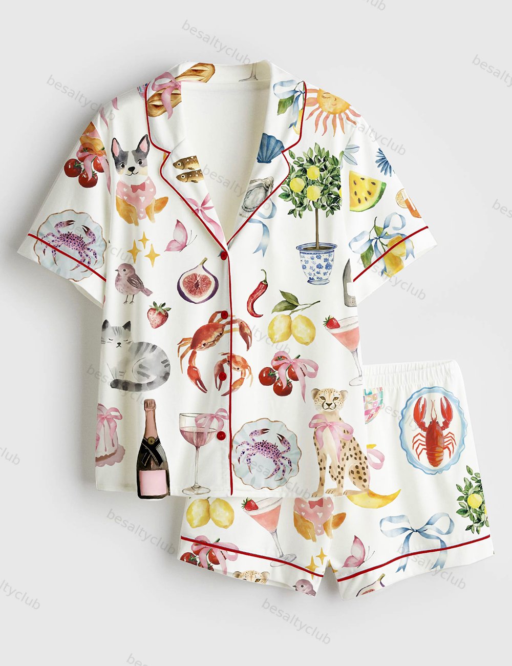 Whimsical Wedding Dolce Vita Wedding Coquette Mediterranean Print Short Sleeve Satin Pajama Set