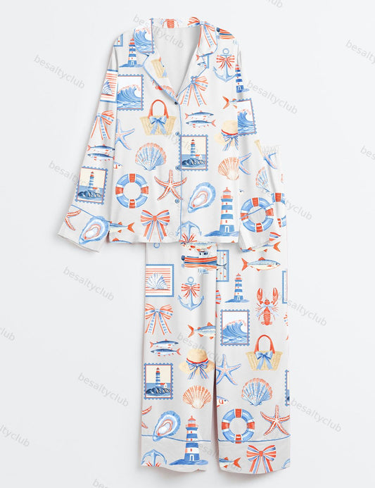 Fisherman Travel Aesthetic Coastal Coquette Fisherman Print Long Sleeve Satin Pajama Set