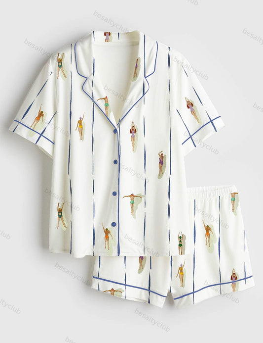 People Swimming In Pool Summer Minimalist Tiny Swimmers Print Short Sleeve Satin Pajama Set