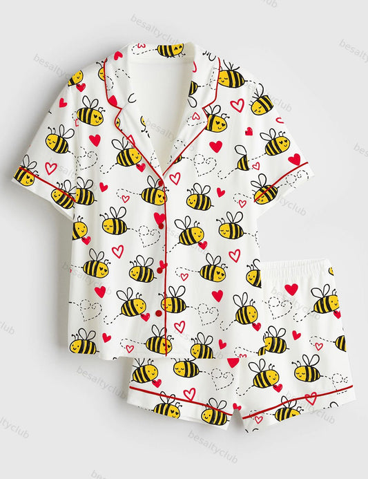 Bee Kind Love Heart Valentine's Day Short Sleeve Satin Pajama Set