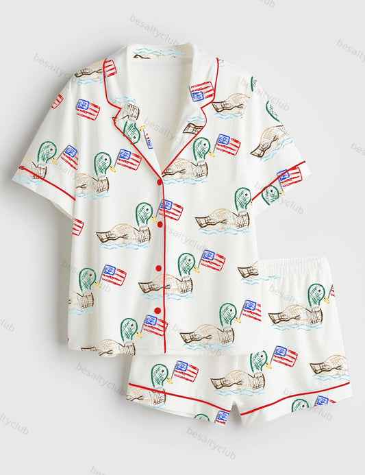 4th Of July Independence Day Patriotic USA Ducks Print Short Sleeve Satin Pajama Set