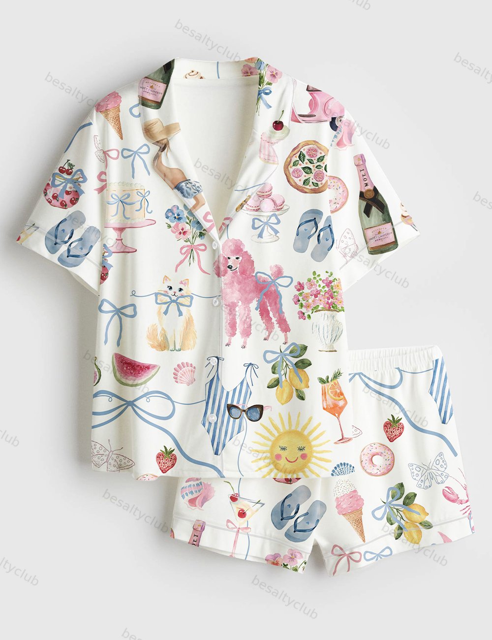 Whimsical Wedding Dolce Vita Wedding Coquette Mediterranean Aperol Beach Travel Dog Champagne Beach Short Sleeve Satin Pajama Set