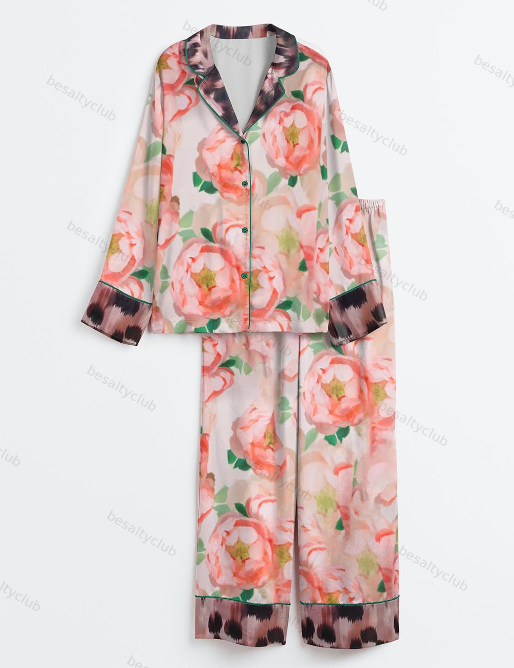 Floral Leopard Long Sleeve Satin Pajama Set