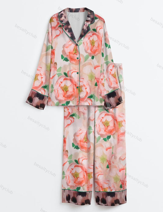 Floral Leopard Long Sleeve Satin Pajama Set