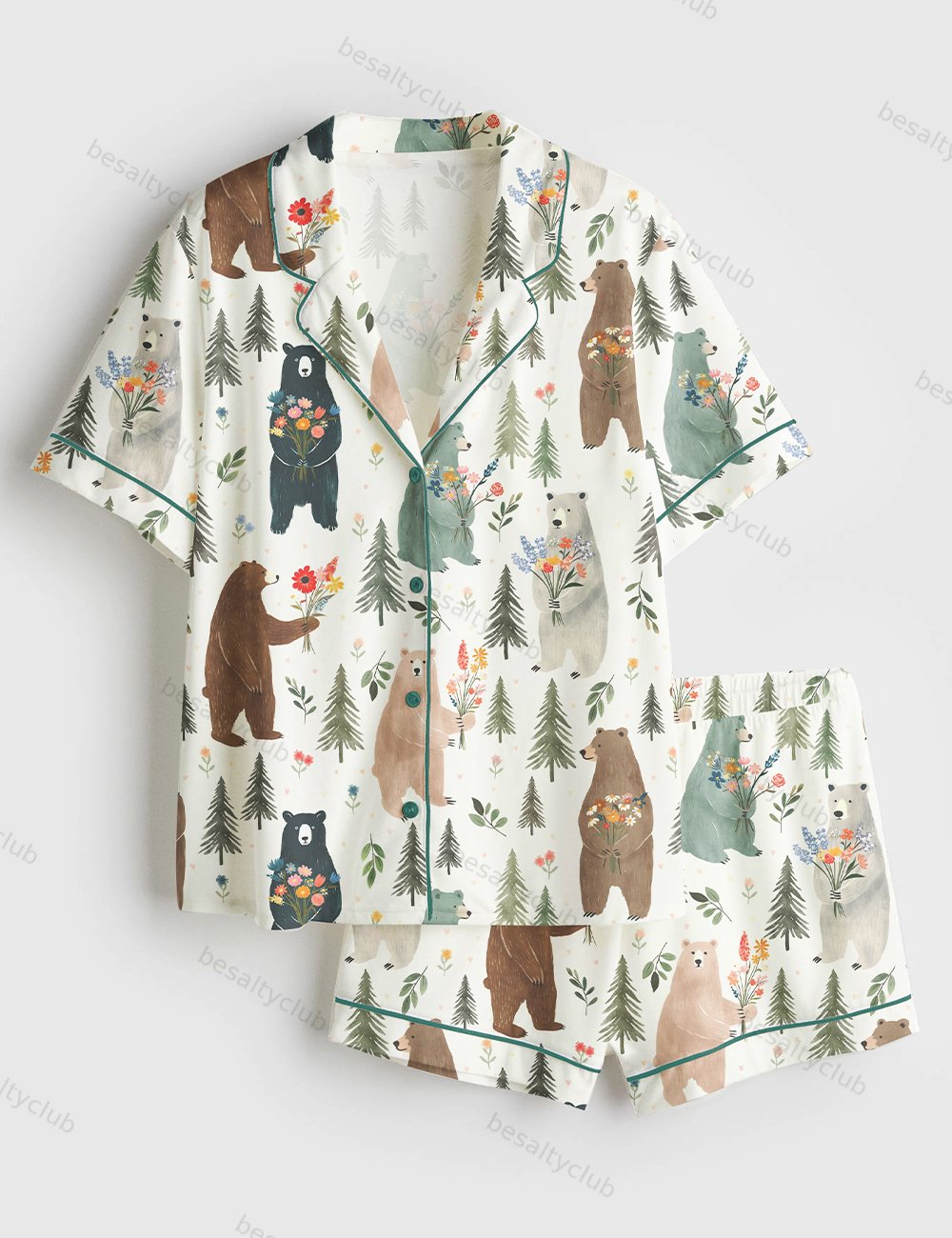 Bears Floral Pattern Short Sleeve Satin Pajama Set