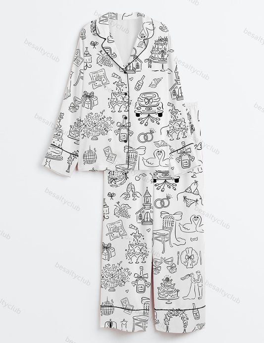 Hand Drawn Whimsical Wedding Illustrations Long Sleeve Satin Pajama Set