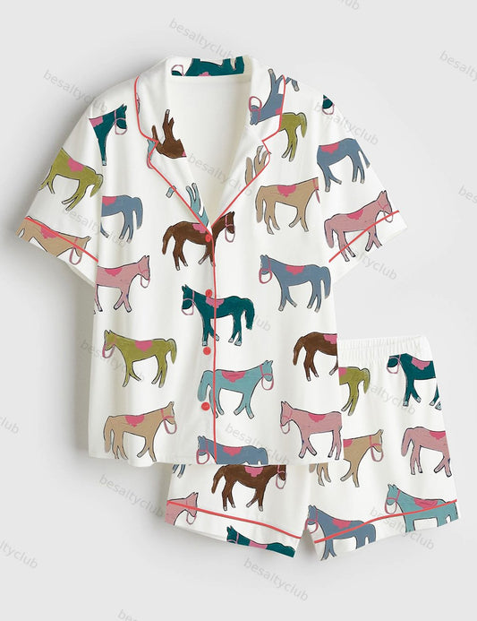 Colorful Horses Short Sleeve Satin Pajama Set