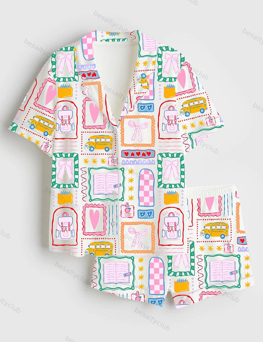 Girly Back To School Coquette Bows Preppy Girl Go To School Print Short Sleeve Satin Pajama Set