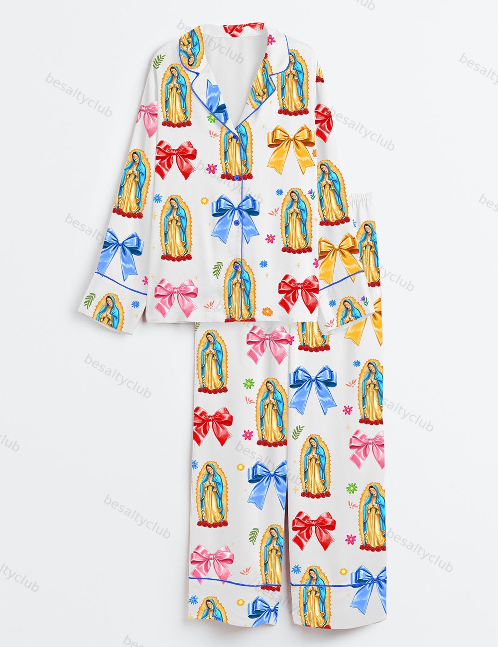 Our Lady Of Guadalupe Religious Latina Catholic Guadalupe Coquette Bow Long Sleeve Satin Pajama Set